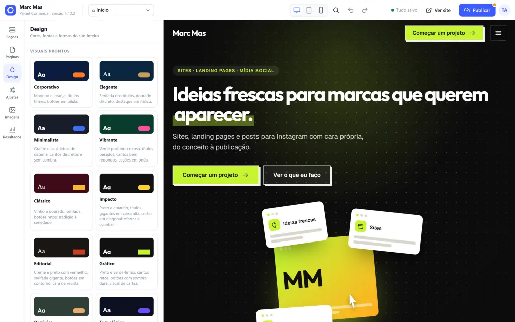 Tela Design do Comanda: visuais prontos de cores e fontes ao lado da prévia do site.