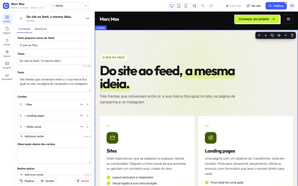 Tela de edição do Comanda: campos de uma seção à esquerda e, à direita, a prévia do site mudando na hora.