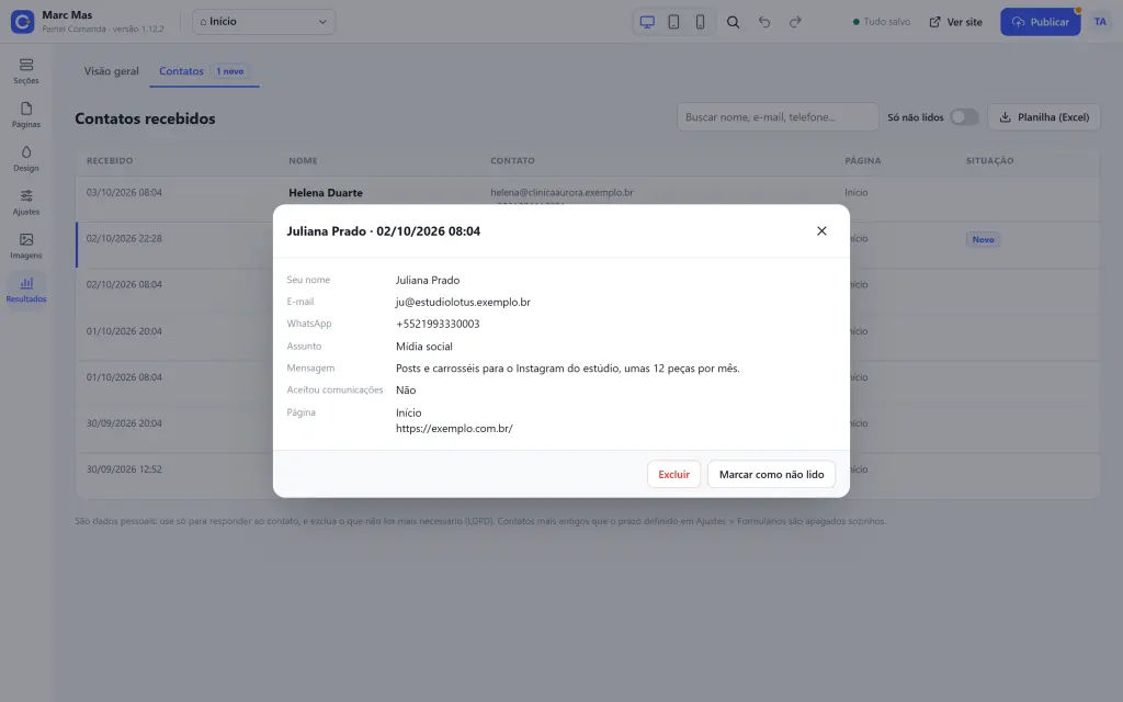 Lista de contatos recebidos no Comanda, com a mensagem de um contato aberta (dados de exemplo).