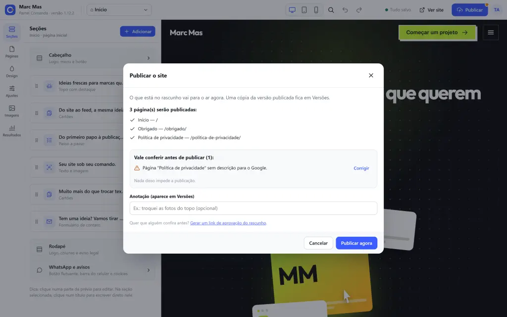 Janela Publicar o site do Comanda, com as páginas que vão para o ar e um aviso de conferência antes de publicar.