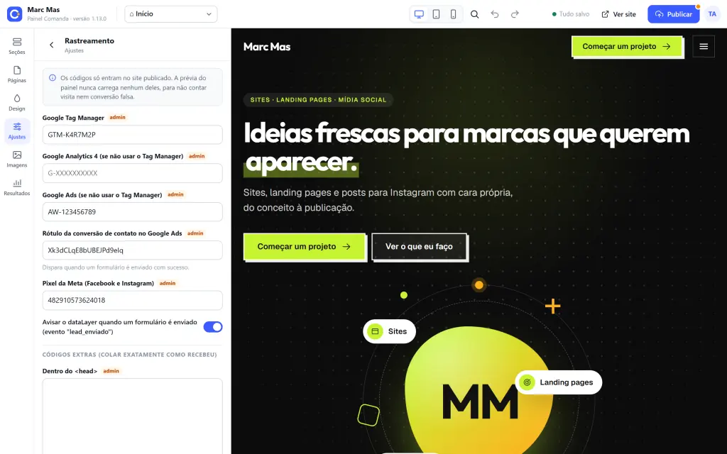 Tela Rastreamento do Comanda: campos para Google Tag Manager, Google Analytics, Google Ads, Pixel da Meta e códigos extras (códigos de exemplo).